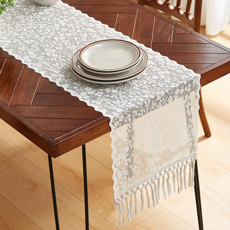 Elegant Nordic White Lace Table Runner with Crochet Tassels - Perfect for Dining or Coffee Tables, Ideal for Christmas Decor.