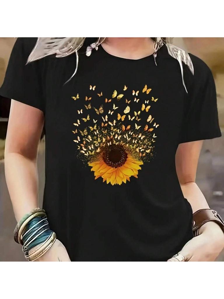 S Butterfly Sunflower Graphic T-Shirt - Polyester Blend, Crew Neck, Short Sleeve Casual Tee With Medium Stretch, Floral Ap