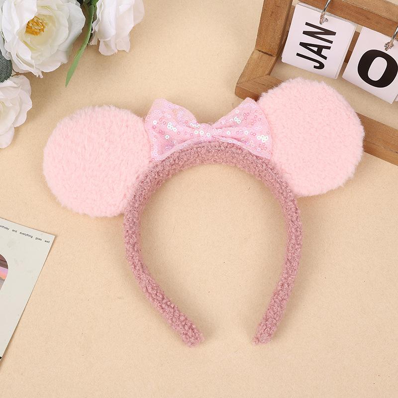 Customized Sequin Bow PrincessPlush Ears Amusement Park Polka Dot Headdress Hair Hoop Hair Accessories Mouse Ear Headband розовый