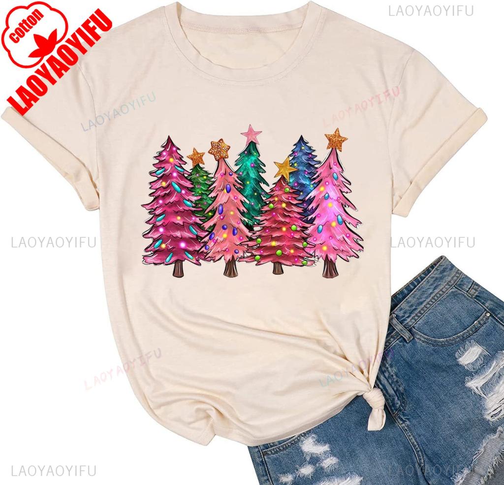 New Year Xmas Gift Merry Christmas Cotton Shirts for Women Merry and Bright Tree Graphic Holiday Printed TShirt Tops Unisex Tee