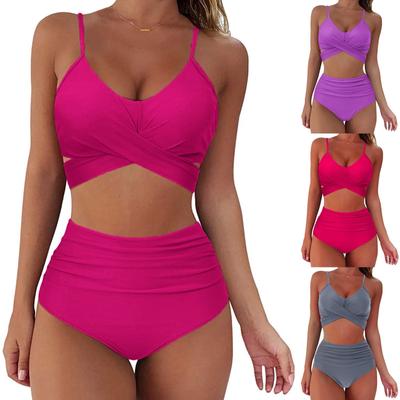 Dámská Sexy Jednobarevná Tisk Bikiny Set Push Up Koupací Plavky Vysoký Pas Plavky