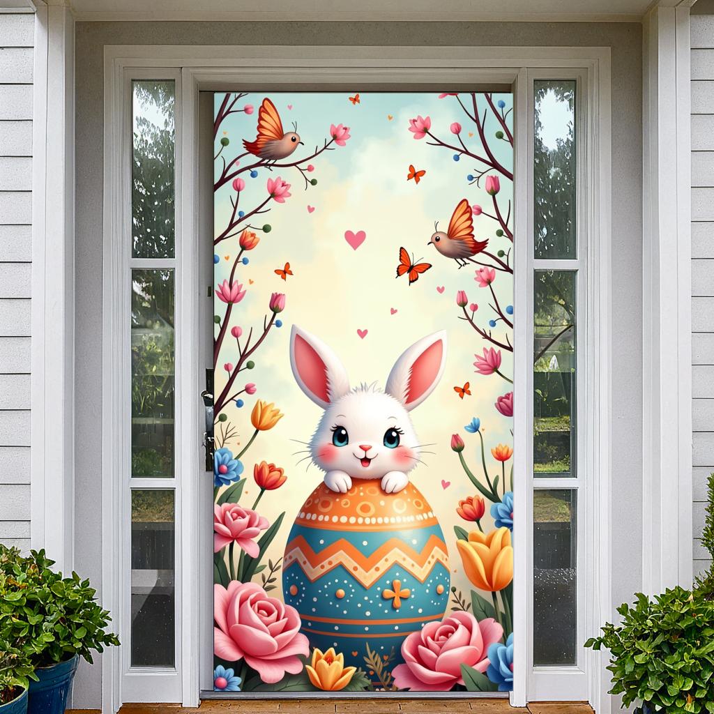 Bunny Backdrop Fabric Party Supplies Easter Banner Lightweight Photography Props For Indoor Spring Decorations Kids