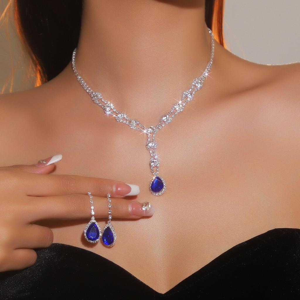 Black, Blue, Red and White High-level Sense of Super-flash Full of Diamonds Droplets Necklace Earrings Two-piece Bridal Jewelry Set