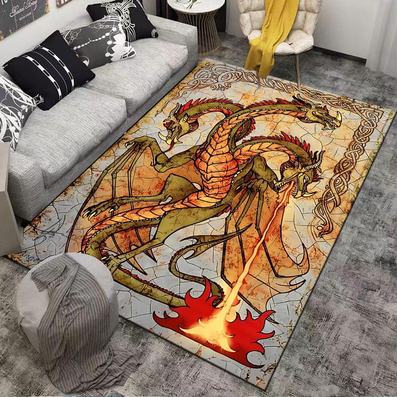"Three-Headed Fire-Breathing Dragon Printed Medieval Style Carpet" Suitable for use as an anti-slip for living room bedroom sofas