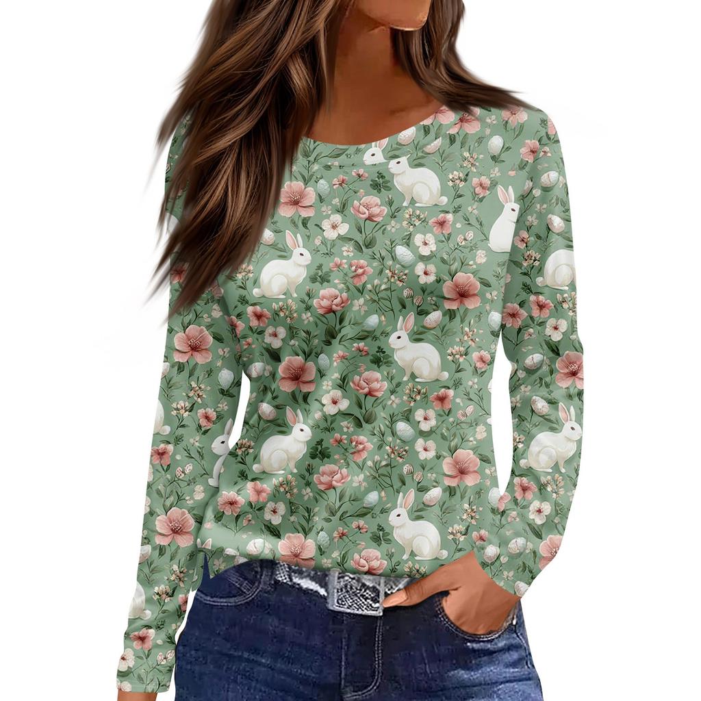 Women's Fashion Casual Slit Hem Round Neck Long Sleeve Loose Printed T-Shirt Ladies Top