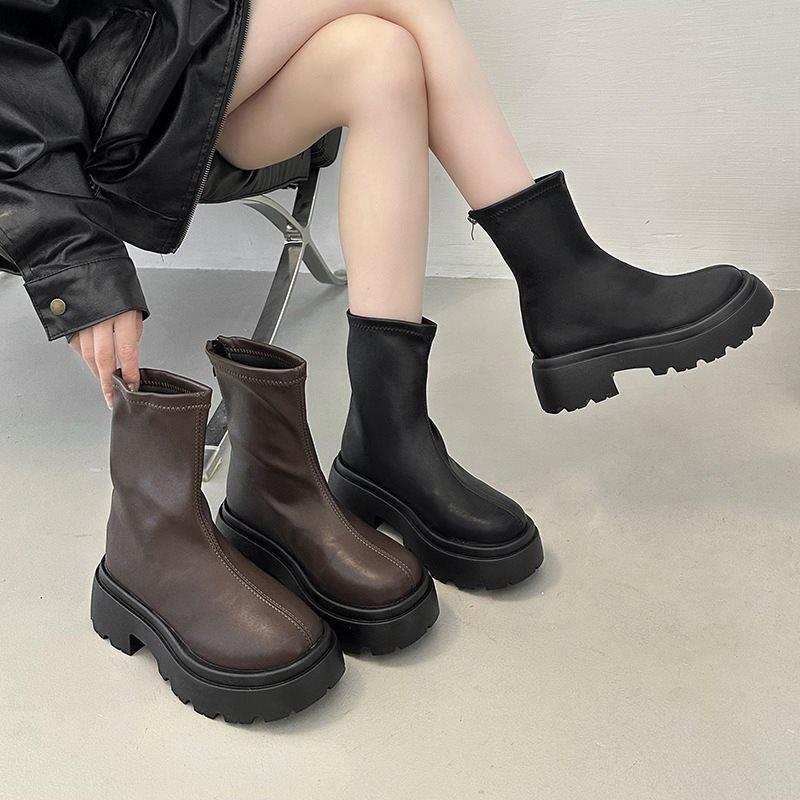 2025 Skinny Autumn Thick-soled Pile Short Boots Women's Martin Boots Skinny Boots Small Versatile Elastic Boots New Boots