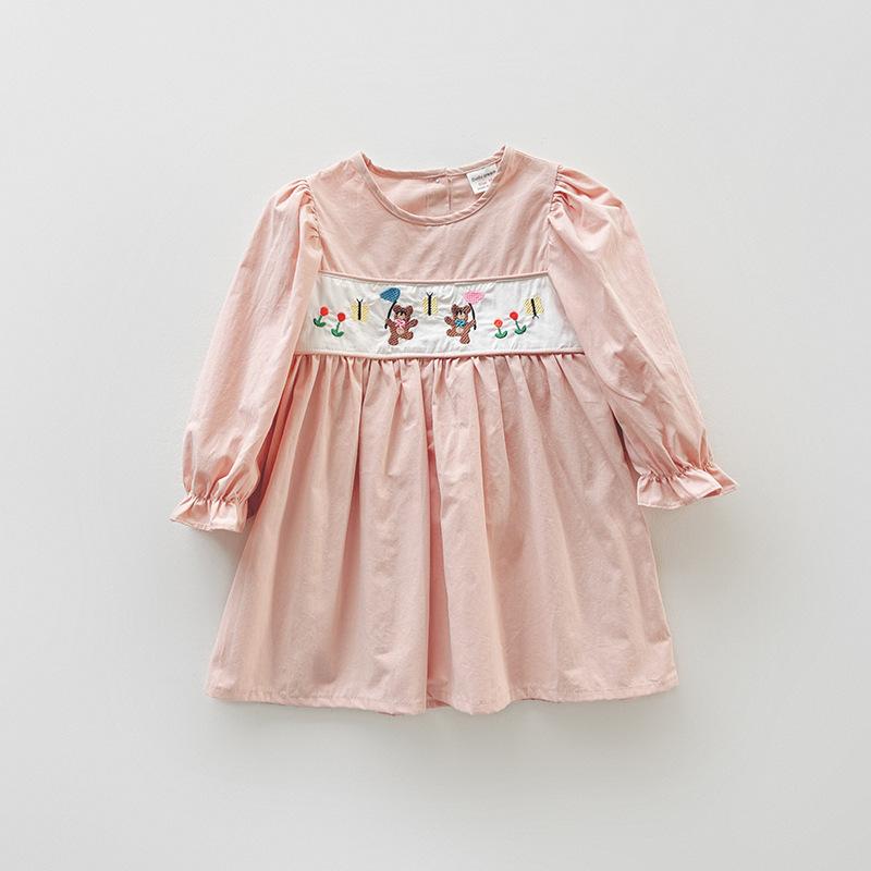 Spring Girls Striped Long Sleeve Dress Cute Bear Embroidery Round Neck Kids Fashion Trendy Clothing 100cm розовый