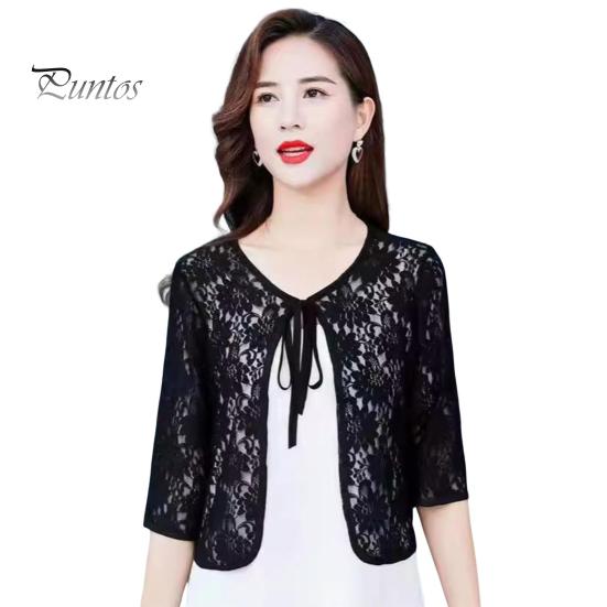 Women Fall Spring Coat Lace-up Floral Embroidery Solid Color Shawl Three Quarter Sleeves Loose Hollow Out Lace Round Neck Short Type Sun Protection