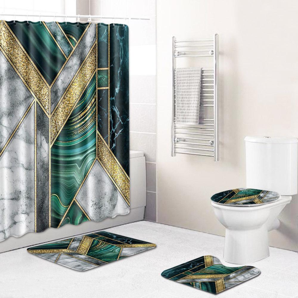 Marble Texture Printing Bathroom Non-Slip Floor Mat Shower Curtain Combination Carpet European And American Style