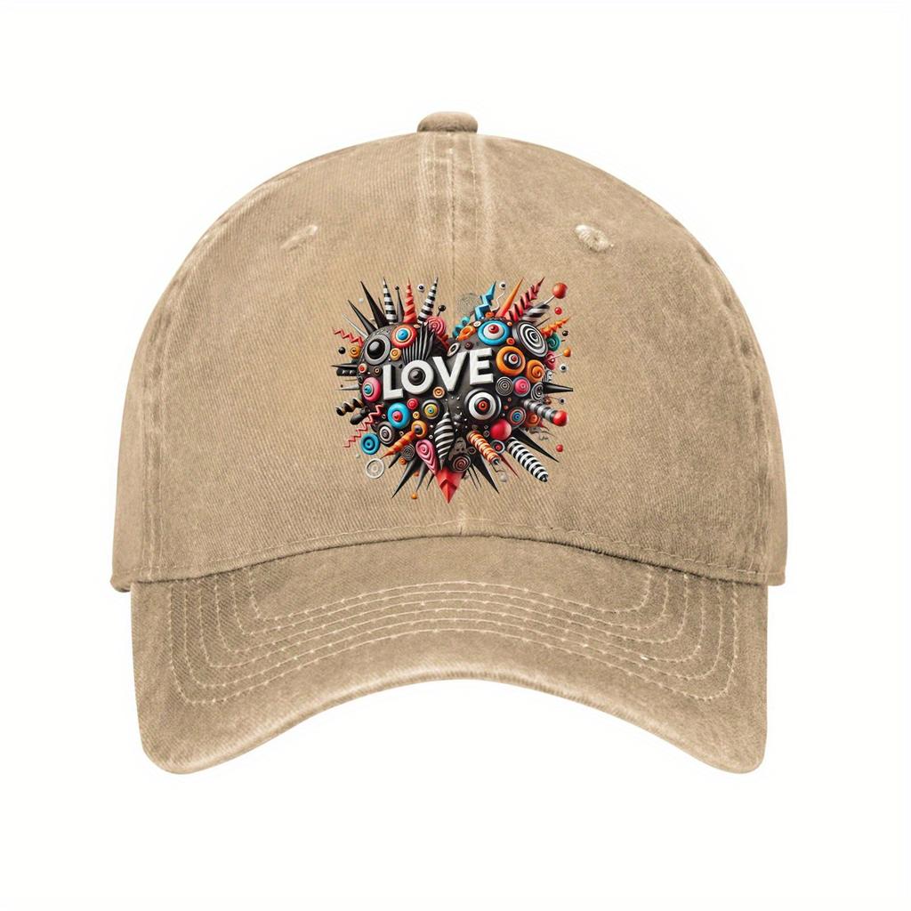 Abstract Love Heart Graphic Print Denim Baseball Cap Casual Adjustable Unisex Cotton Hat for Outdoor Sports