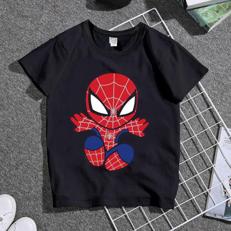 Summer Marvel Spider Unisex Cartoon Printed Tshirt Handsome Childrens Wear Pure Cotton Round Neck Personalized Parent Child Wear