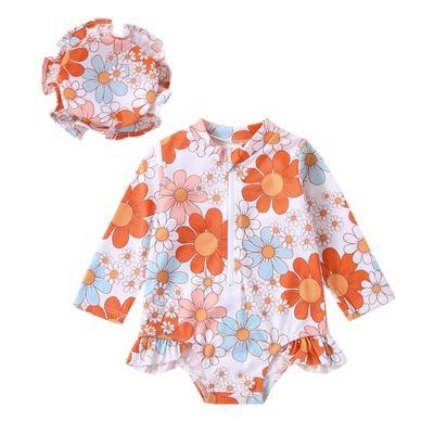 Infant Girl's Summer Swimsuit 6M 12M 18M 24M  Flower Print Long Sleeve Round Neck Zipper Closure Ruffle Bikini + Swimming Cap