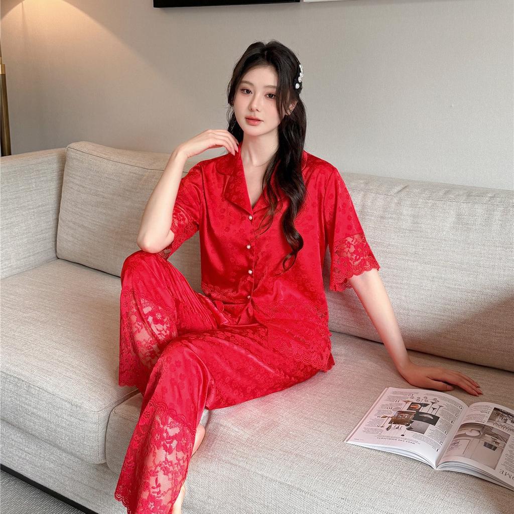 Pajamas women's ice silk summer new sexy lace splicing trousers short-sleeved two-piece set ice and snow silk loungewear set