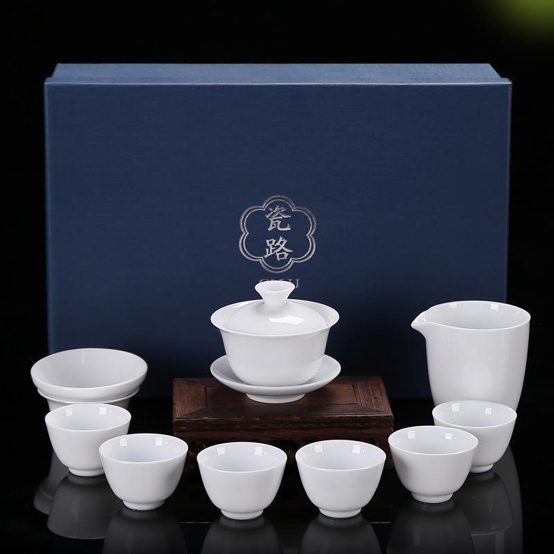 High-end Gift Box Ceramic Kung Fu Tea Set Home Office White Porcelain Cover Bowl Tea Cup Complete Set