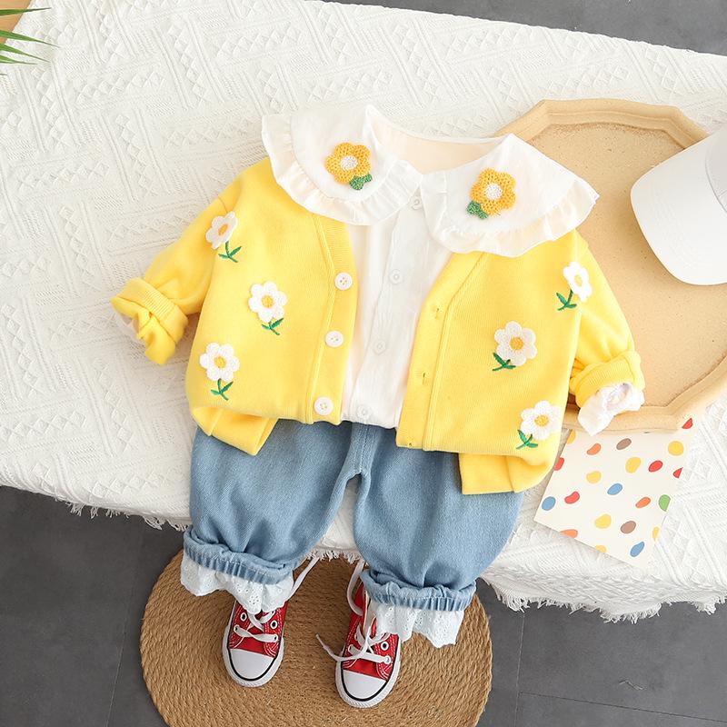 

2023 Новый комплект из трех предметов: милый кардиган для девочек на весну и осень – повседневный наряд для маленьких и средних детей, готовый к использованию 90cm