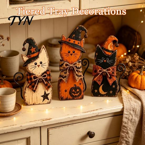Vintage Farmhouse Fall Accents 3Pcs Rustic Wooden Halloween Cat Tabletop Decor, Black Figurine Moon Star Pumpkin Art with Witch Hat,