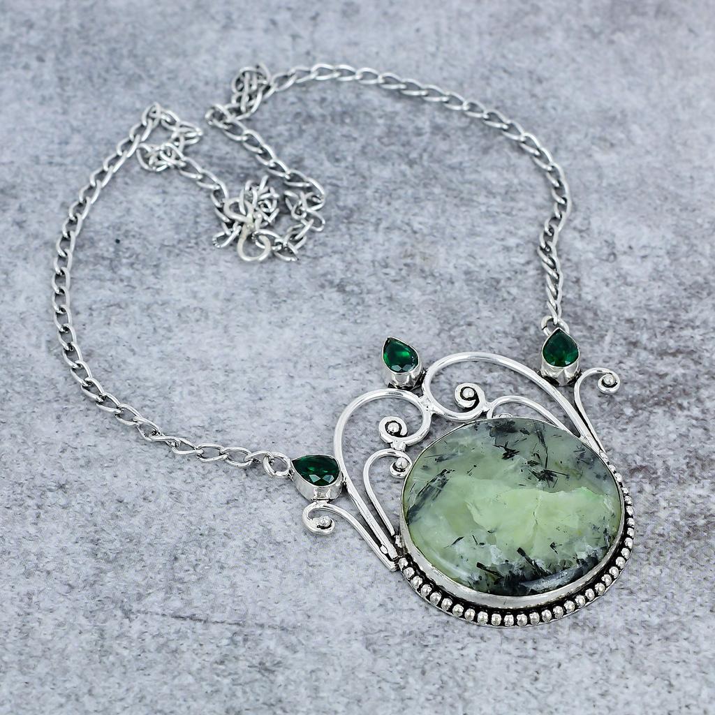 Prehnite, Diopside Gemstone 925 Sterling Silver Jewelry Necklace 18" M-2752