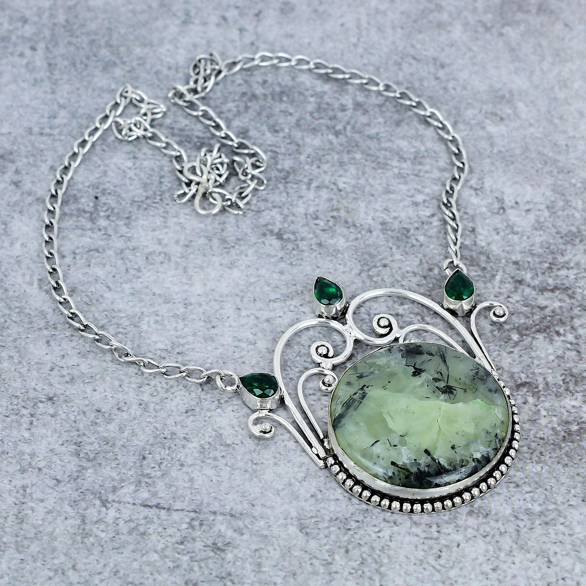 

Prehnite, Diopside Gemstone 925 Sterling Silver Jewelry Necklace 18 M-2752