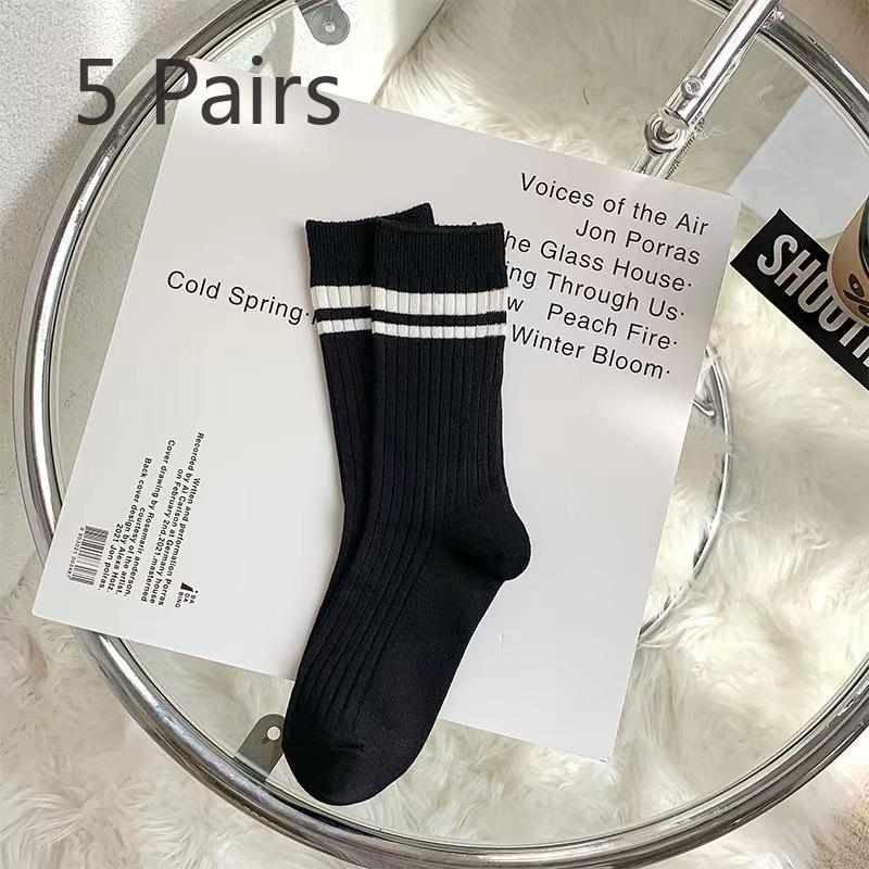 5 Pairs of Female Spring and Summer New Embroidery Stripe Simple and Breathable In The Tube Pile Socks