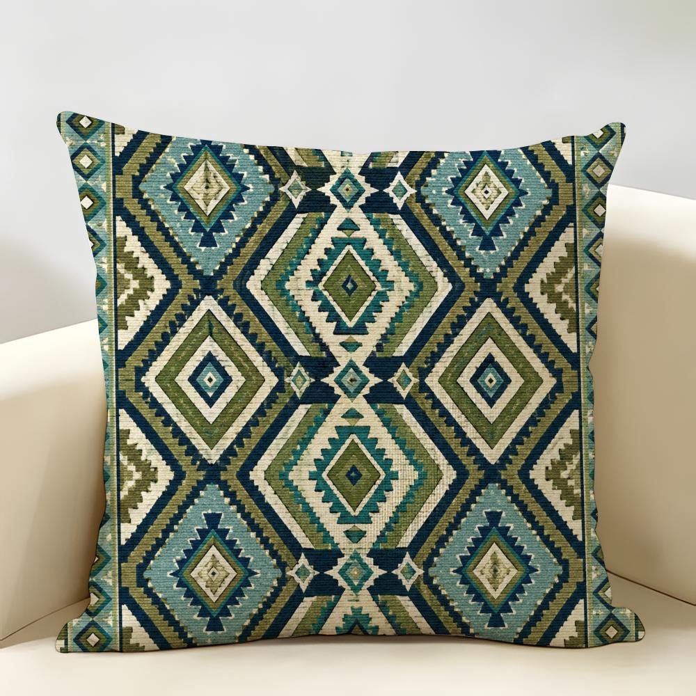 Blue Green Striped Diamond Pattern Cushion Cover Natural Linen Organic Fabric Double-Sided Printing Breathable For Home Decor