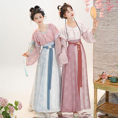 Chinese Tang Dynasty Style Traditional Hanfu Printed Round Neck Shirt Waist Length Skirt Daily Ladies Suit
