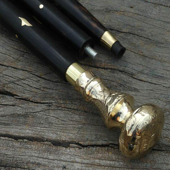 Antique Style Victorian Vintage Designer Brass Handle Cane Wooden Walking Stick