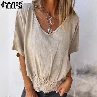 Women's Fashion Casual Summer Spring Solid Color Print Short Sleeve V-Neck Blouses & Shirts