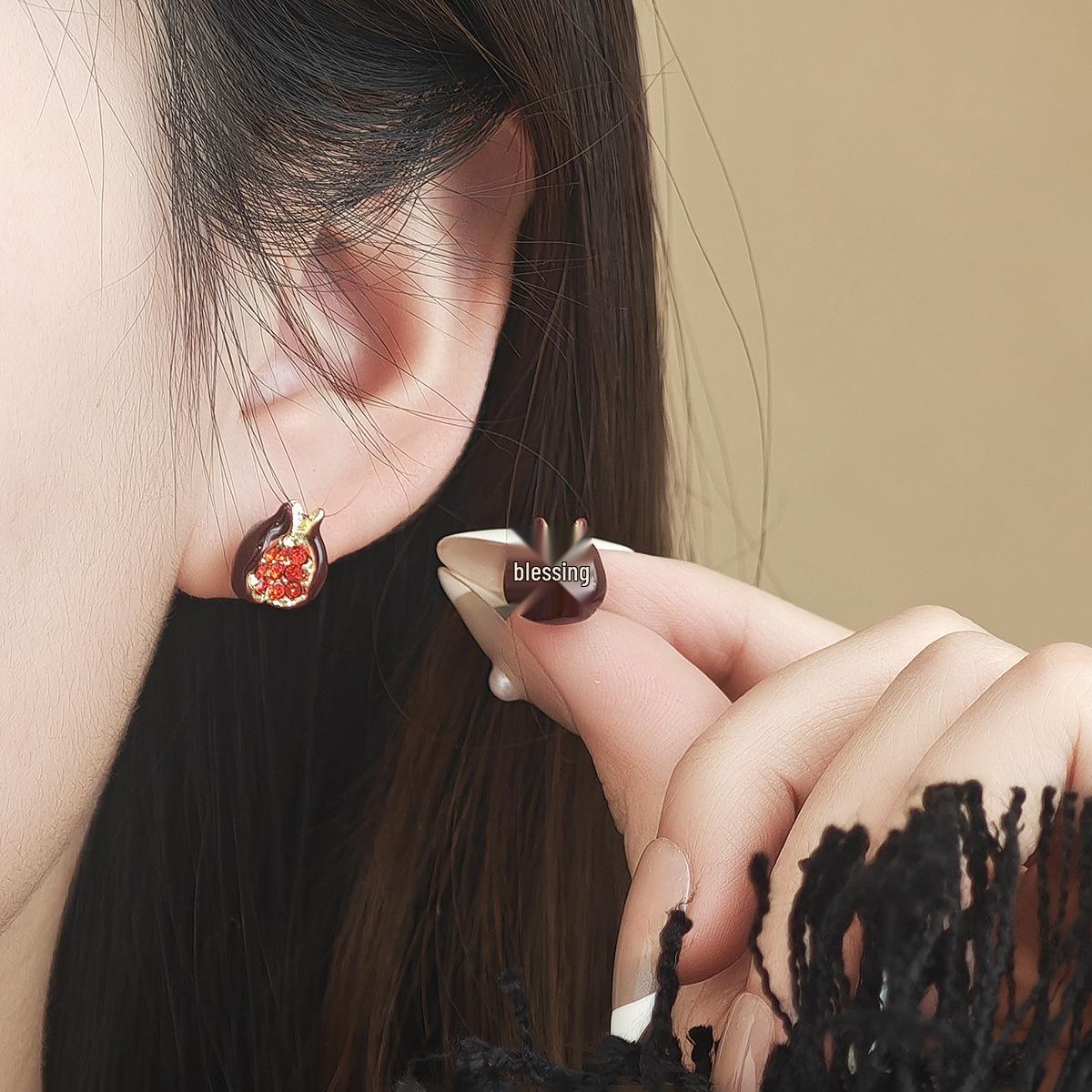 Silver Needle Red Pomegranate Diamond Earrings - Sweet Love Chinese Style Festive Studs for Women