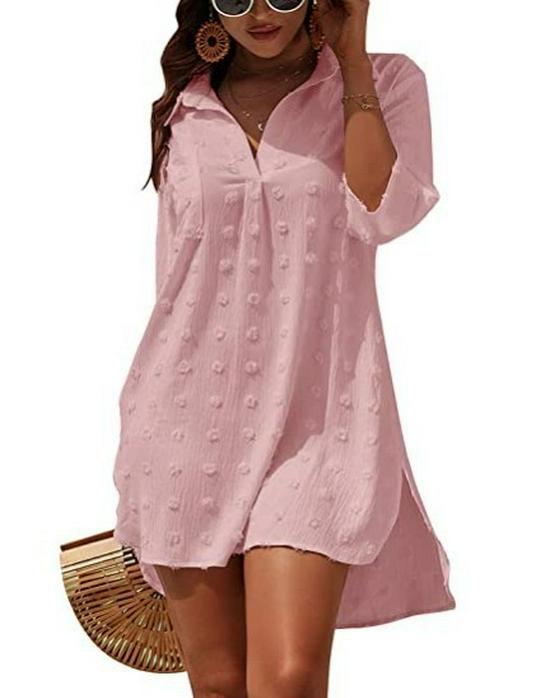 

European Chiffon Jacquard Pom-pom Loose Cover-up Shirt for Women XXL рожевий