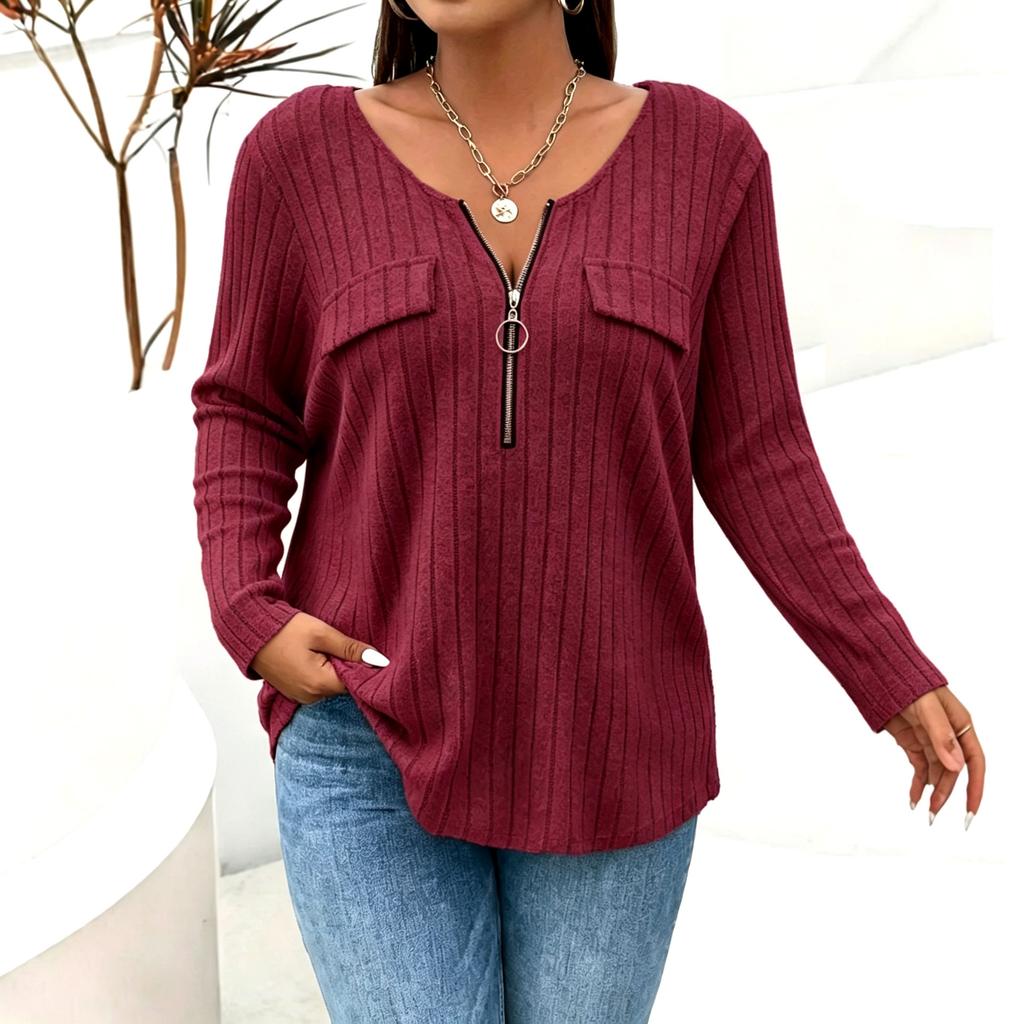 Women's Casual Ribbed Knit Long Sleeve Top with Pockets and Zip Front for Everyday Wear