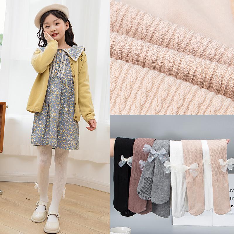 Girls' Cotton Cable Knit Bow Tights - Autumn/Winter Footed Leggings