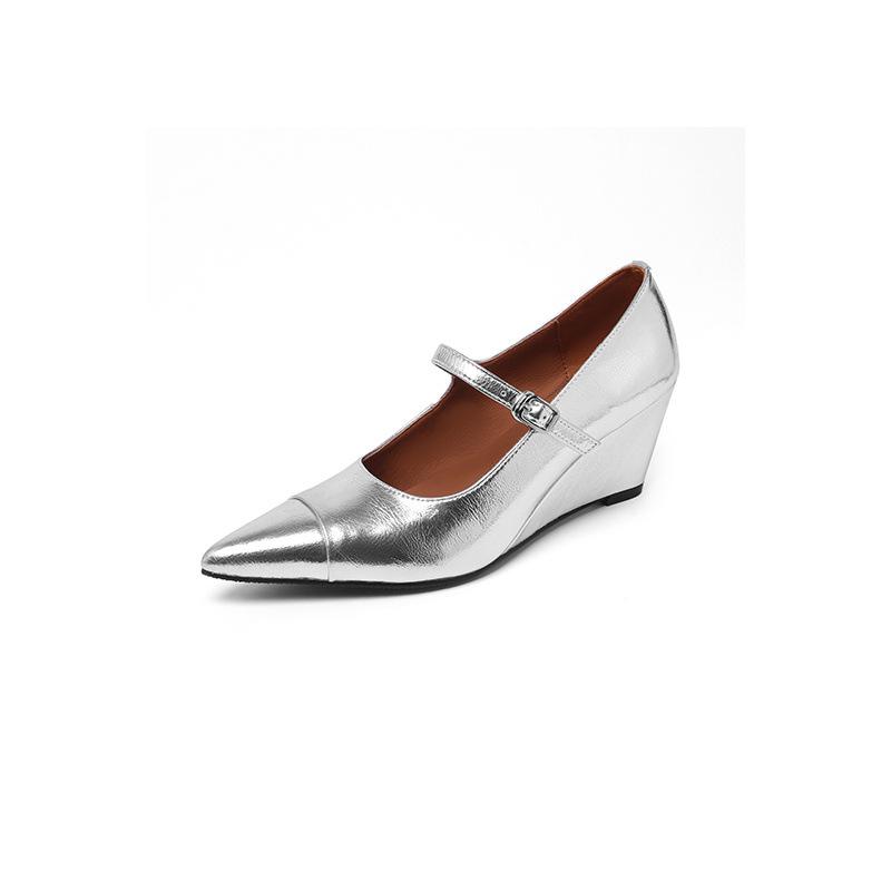 Frühling 2025 neue spitze Retro Mary Jane Keilabsatz kleine Lederschuhe flacher Ausschnitt Ein-Wort-Schnalle hochhackige Einzel Schuhe Frauen