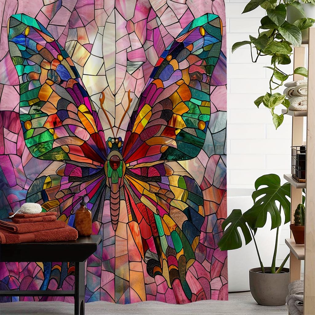 Stained Glass Butterfly Waterproof Mildew-Resistant Shower Curtain - Vibrant Design For A Stunning Bathroom Dcor Experience