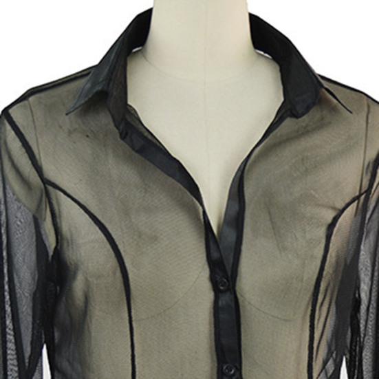 Women Sleepwear See-through Mesh Turn-down Collar Pornographic Women Sleeping Top