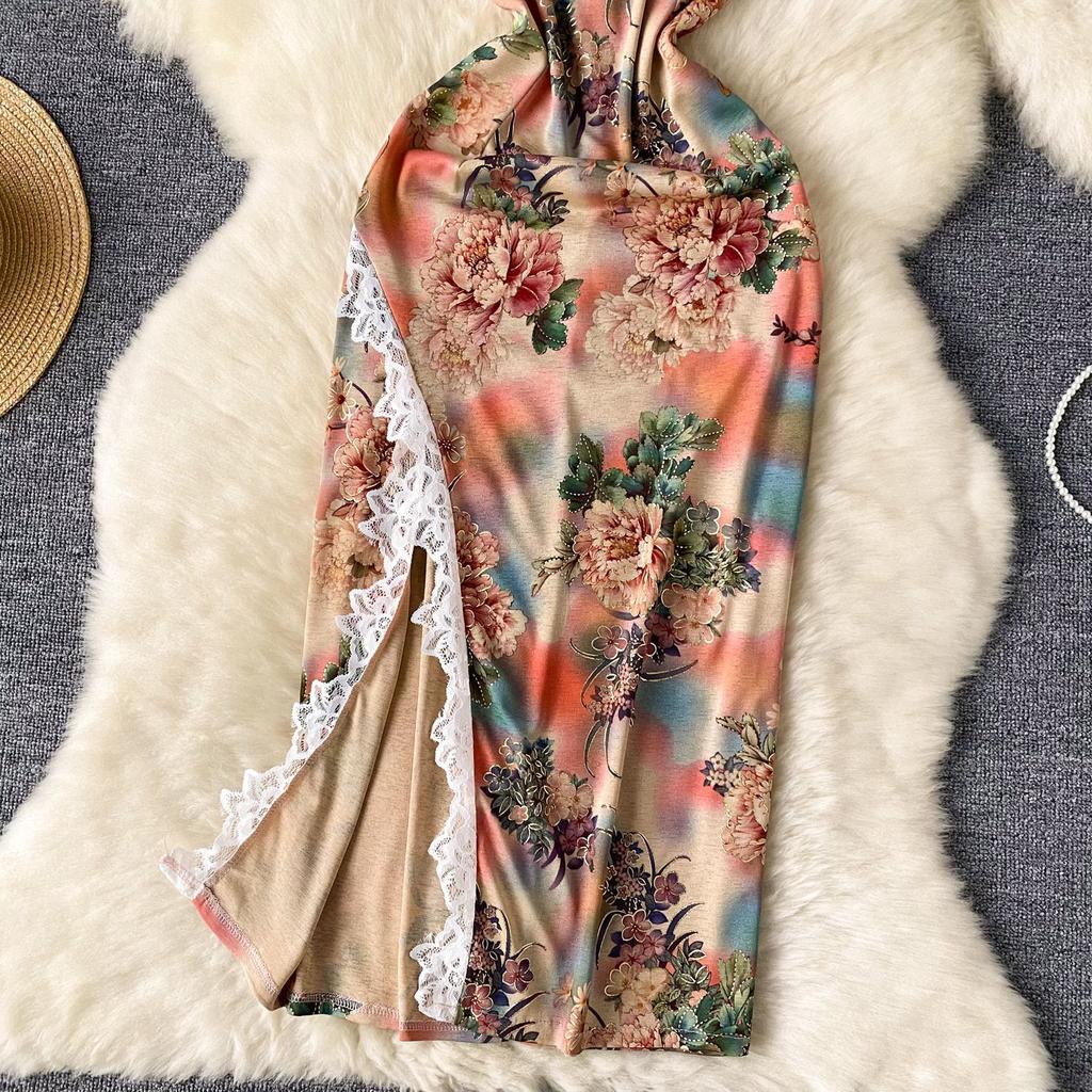 Damskie Sukienki Cheongsam z Nadrukiem, Bez Rękawów, Dopasowane, z Rozcięciem, Koronkowe Wstawki, Zapinane na Guziki