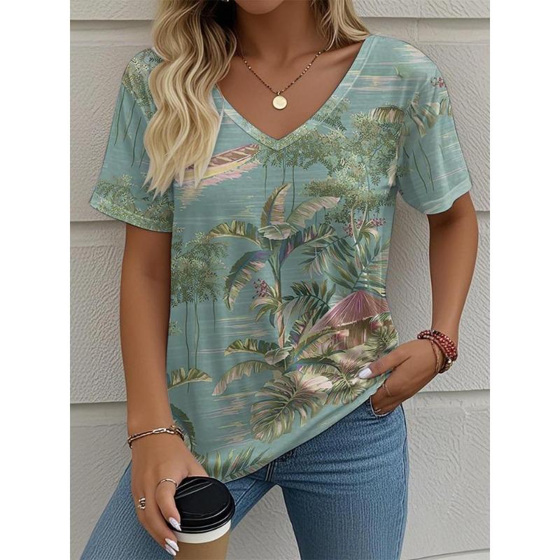 Women's T-Shirt Coconut Tree Pattern 3d Printing Fashion Casual V-Neck Short-Sleeved Beach Style Outdoor Women's Clothing
