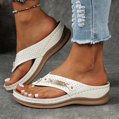Women's Wedge Flip Flops, Comfy Thong Slide Sandals With Arch Support, Casual Summer Beach Shoes With Anti-Slip Sole