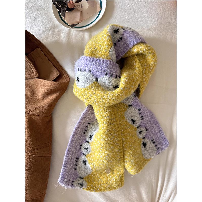 Cute Lamb Jacquard Knitted Scarf for Female Autumn and Winter Fashion Simplicity Students Knitted Warm and Cold Resistant Scarf