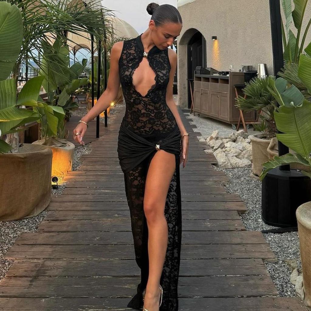 Europe and the United States hot-selling new sexy fashion lace hollow high split slim sleeveless dress women