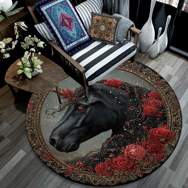 Schwarzes Pferd Runder Teppich, Teppich für Wohnzimmer Schlafzimmer Sofa Spielzimmer Dekor, Rutschfeste Fußmatte
