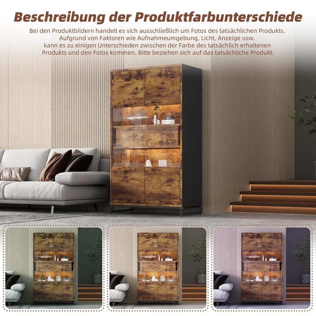 Transparent Display Cabinet Bookcase 2 Doors & 2 Drawers, Highboard Display Cabinet Wine Cabinets Living Room Dining Room Office, Vintage Brown