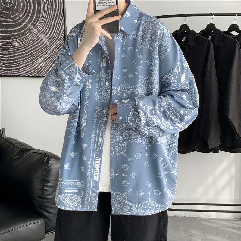 Men's Tie-Dye Long-Sleeve Floral Shirt - Trendy Hong Kong Style, Loose Fit, Casual Punk Fashion for Autumn