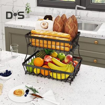 2 Tier Countertop Fruit Basket for Kitchen Sturdy Metal Vegetable Storage Bread Bowl Stand Wire Organizer for Potato Onion