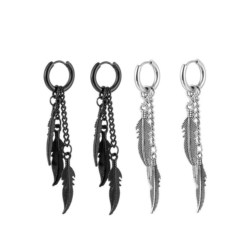 1pair Unisex Punk Hip Hop Stainless Steel Feather Chain Dangle Stud Earrings for Men Women Vintage Piercing Ear Jewelry