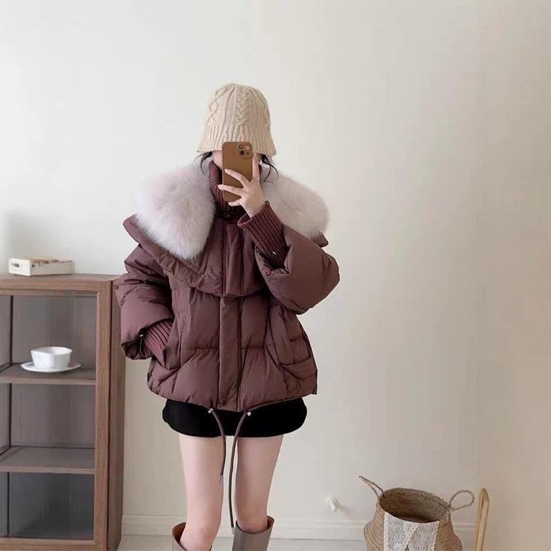 New winter warm white duck down fox hair big fur collar shawl loose first hand medium women's down jacket