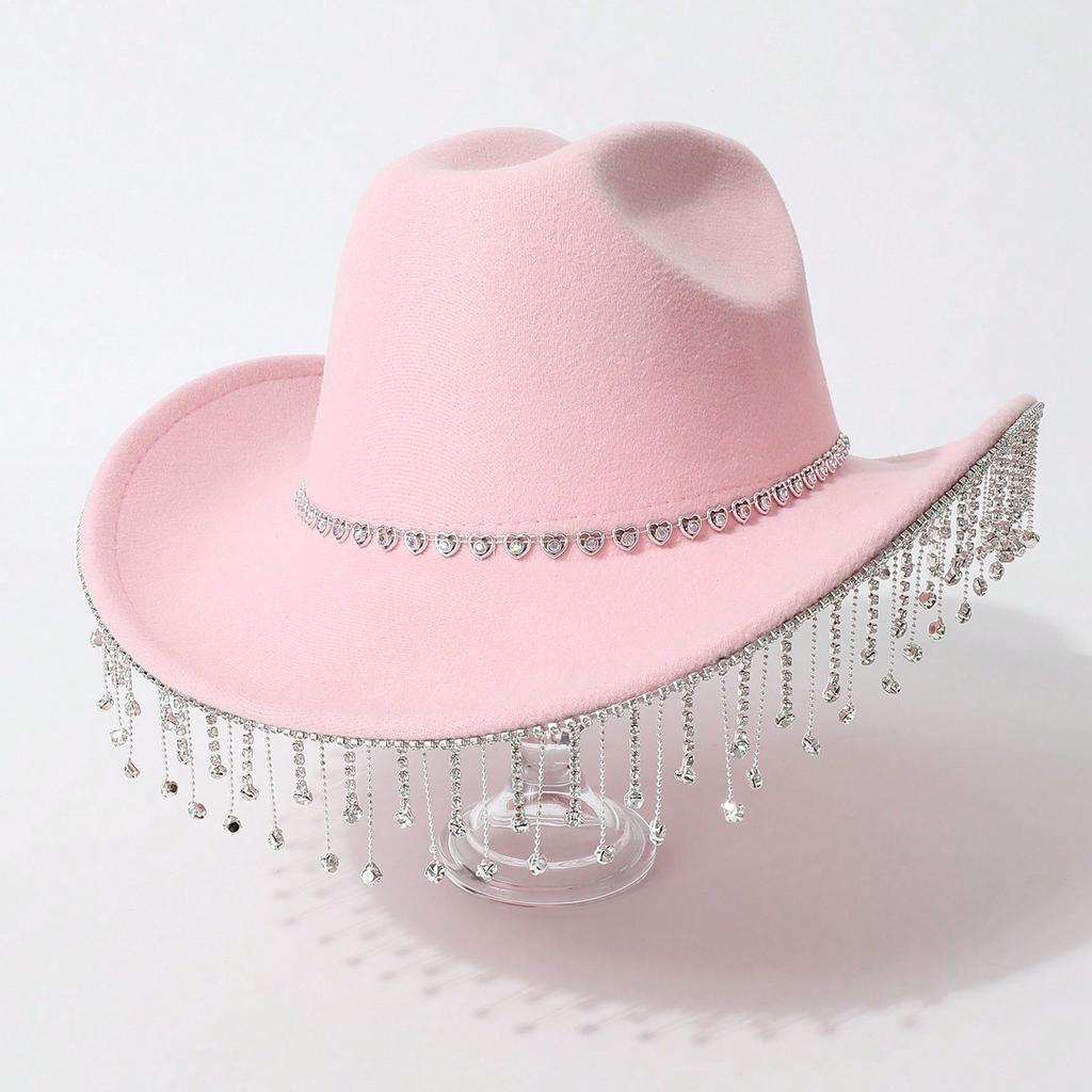 Women's Gender-neutral Western Cowboy Hat, Water Drop Gem Medium Chain with Rhinestone Tassel European and American Hats, Bridal Top Hats