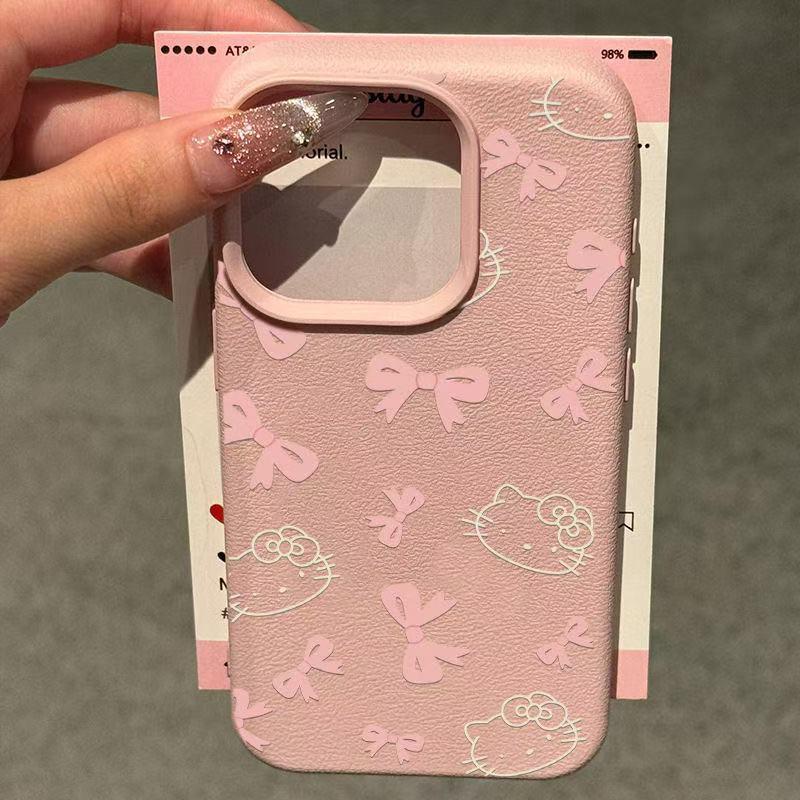 Bowknot Kitty Lychee Pattern Soft Shell Phone Case for iPhone 11, 14, 15, 16 Pro, and 17 Pro Max.
