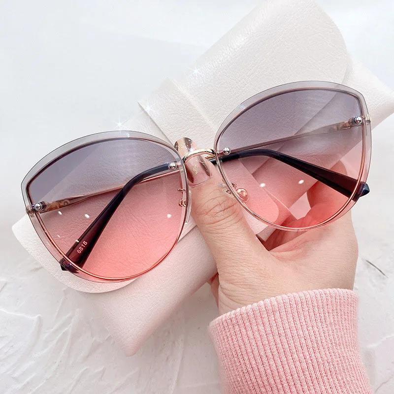 High Quality Women'S Oval Rimless Sunglasses Lady Metal Cay Eye Shades For Women Driving Glasses Sonnenbrille Dames