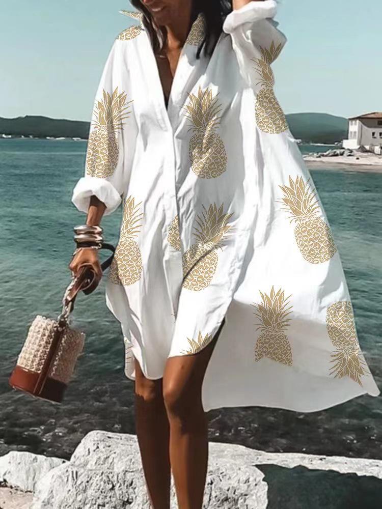 Trendy 3D Floral Print Lapel Long Sleeve Dress