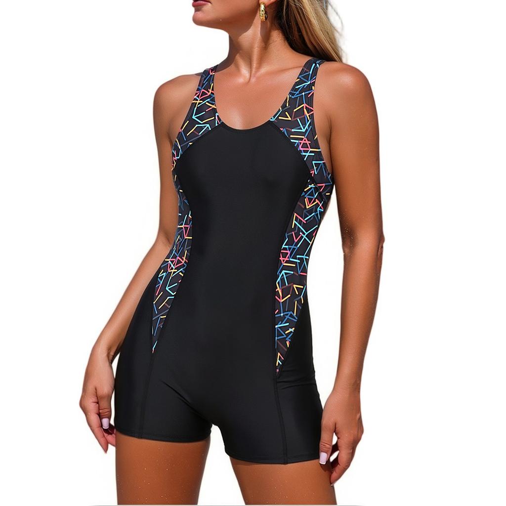 Women's Printed Patchwork Sports Competitive One-Piece Swimsuit